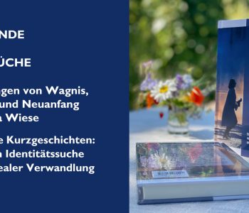 Ein geteiltes Bild: Links auf dunkelblauem Grund der weiße Text: ABGRÜNDE UND AUFBRÜCHE / Erzählungen von Wagnis, Freiheit und Neuanfang von Enka Wiese / Packende Kurzgeschichten: Zwischen Identitätssuche und surrealer Verwandlung. Rechts ein Foto desselben Buchs auf einem Gartentisch, stehend und liegend, neben einem kleinen Strauß Wiesenblumen.