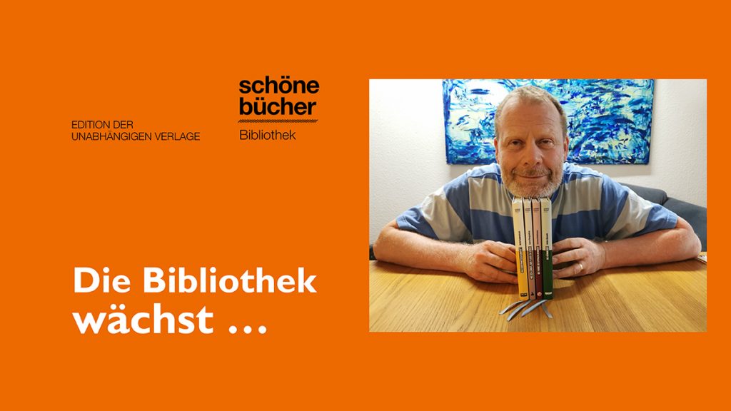 Verleger Georg Nies präsentiert die ersten vier Bücher aus der Schönen Bücher Bibliothek, die Edition der unabhängigen Verlage.