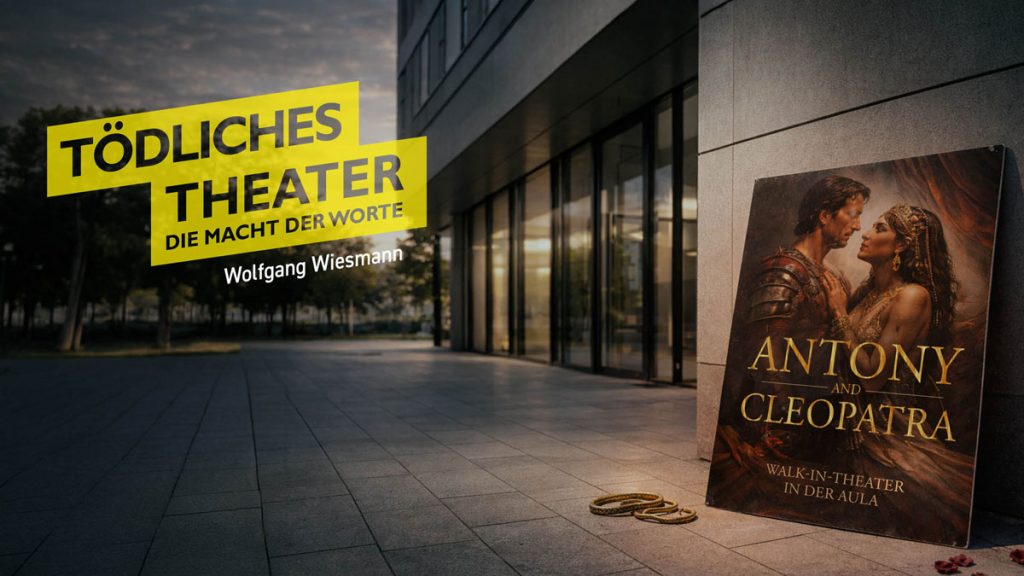 Tödliches Theater – Die Macht der Worte. Ein Münsterlandkrimi, der Shakespeare zur Waffe macht. Ausschnitt des Buchcovers als Hintergrund.