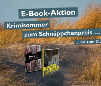 E-Book-Aktionsbanner von OCM Der Verlag vor dem Hintergrund einer Dünenlandschaft mit Dünengras. Text auf dunklen Feldern: „E-Book-Aktion – Krimisommer zum Schnäppchenpreis … bis zum 31.7.2026.“ Darunter zwei Buchcover: Links „Mord-Art“ von Sigrid Drübbisch (abstraktes Rot-Schwarz-Muster), rechts „Teufels Täter“ von Wolfgang Wiesmann (historisches Gebäude in Münster). unten links das Logo von OCM Der Verlag.