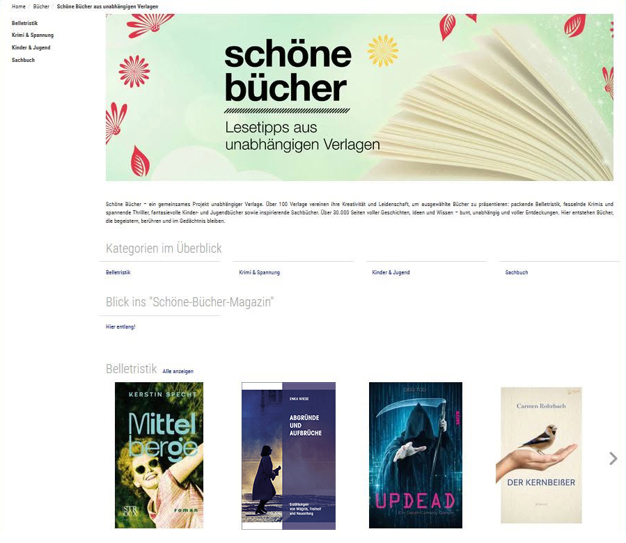 Screenshot der Onlineshop-Webseite „schöne bücher – Lesetipps aus unabhängigen Verlagen“. Zu sehen sind Buchkategorien und eine Auswahl von Buchcovern, darunter „Mittelberge“ von Kerstin Specht, „Abgründe und Aufbrüche“ von Enka Wiese und „Der Kernbeißer“ von Carmen Rohrbach.