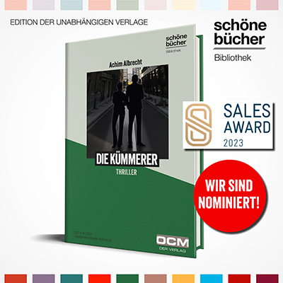 Sales Award 2023 mit der Schöne Bücher Bibliothek. Der Thriller „Die Kümmerer“ aus dem OCM Verlag ist Teil dieser Reihe.